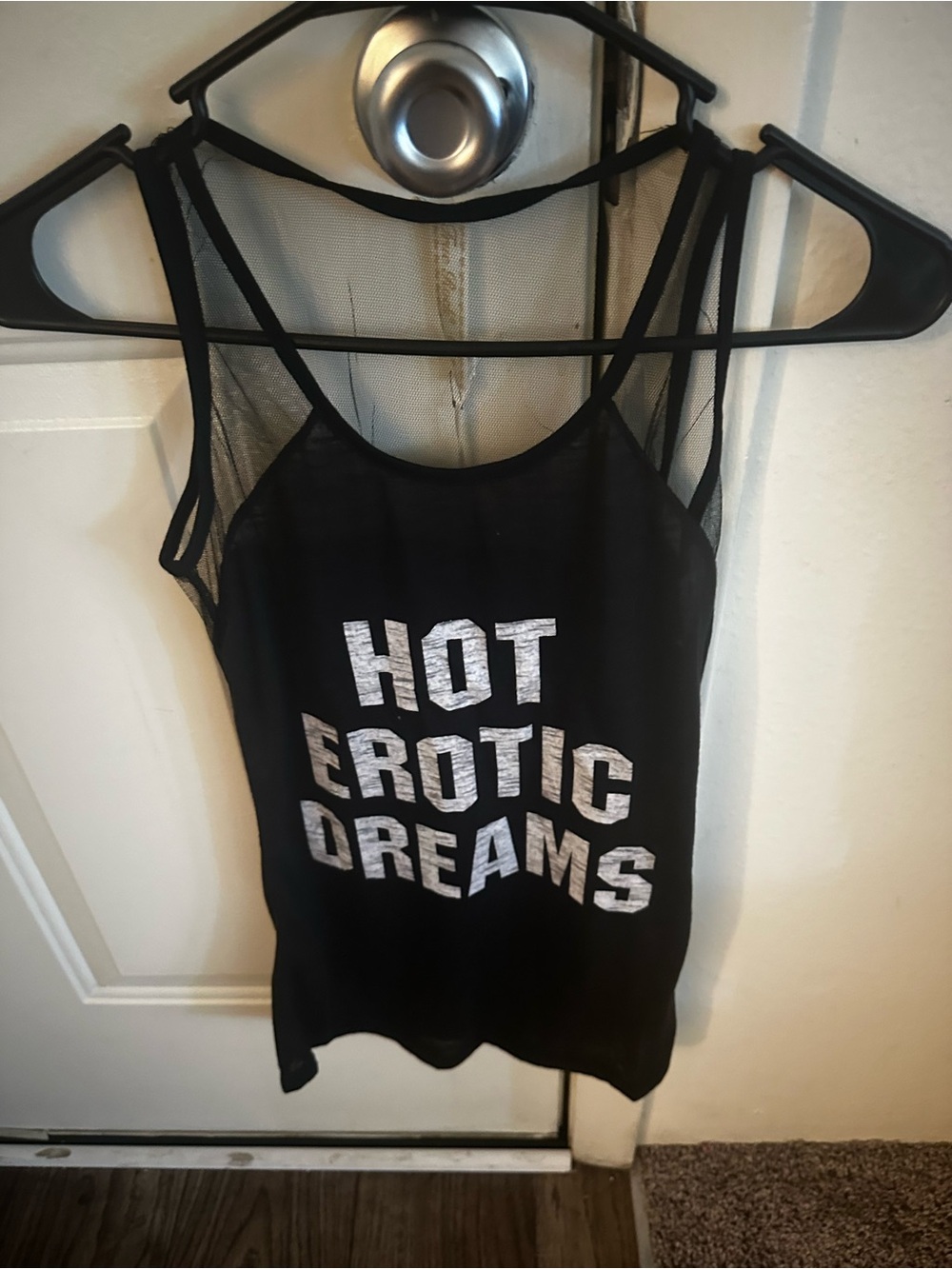 Black Graphic Mesh-Back Tank Top - 'Hot Erotic Dreams' size : S, M, L, XL